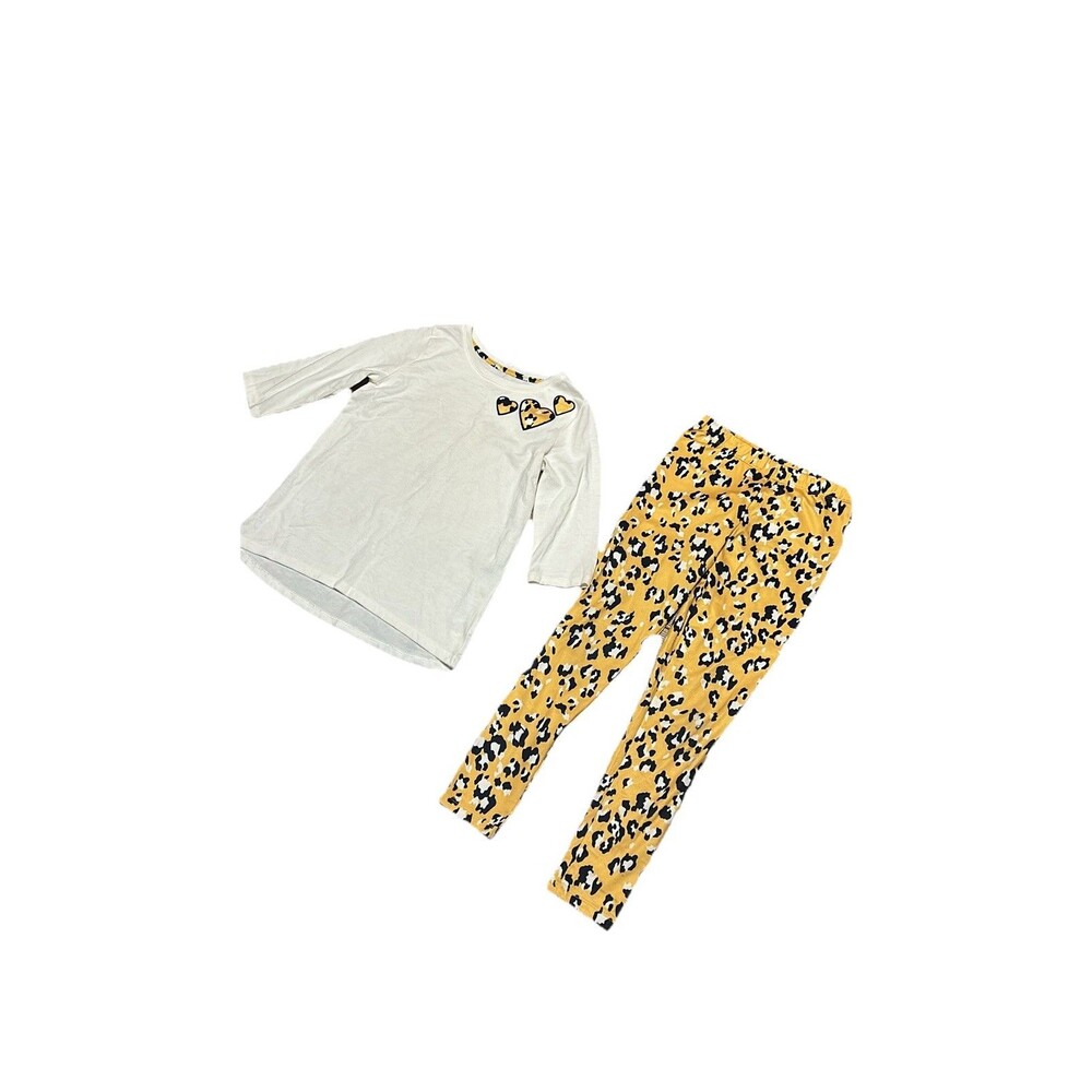 Crown & Ivy White Long Sleeve Shirt & Yellow Leopard Leggings Outfit Size Small